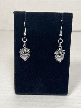 Silver Heart & Flower Dangle Earrings